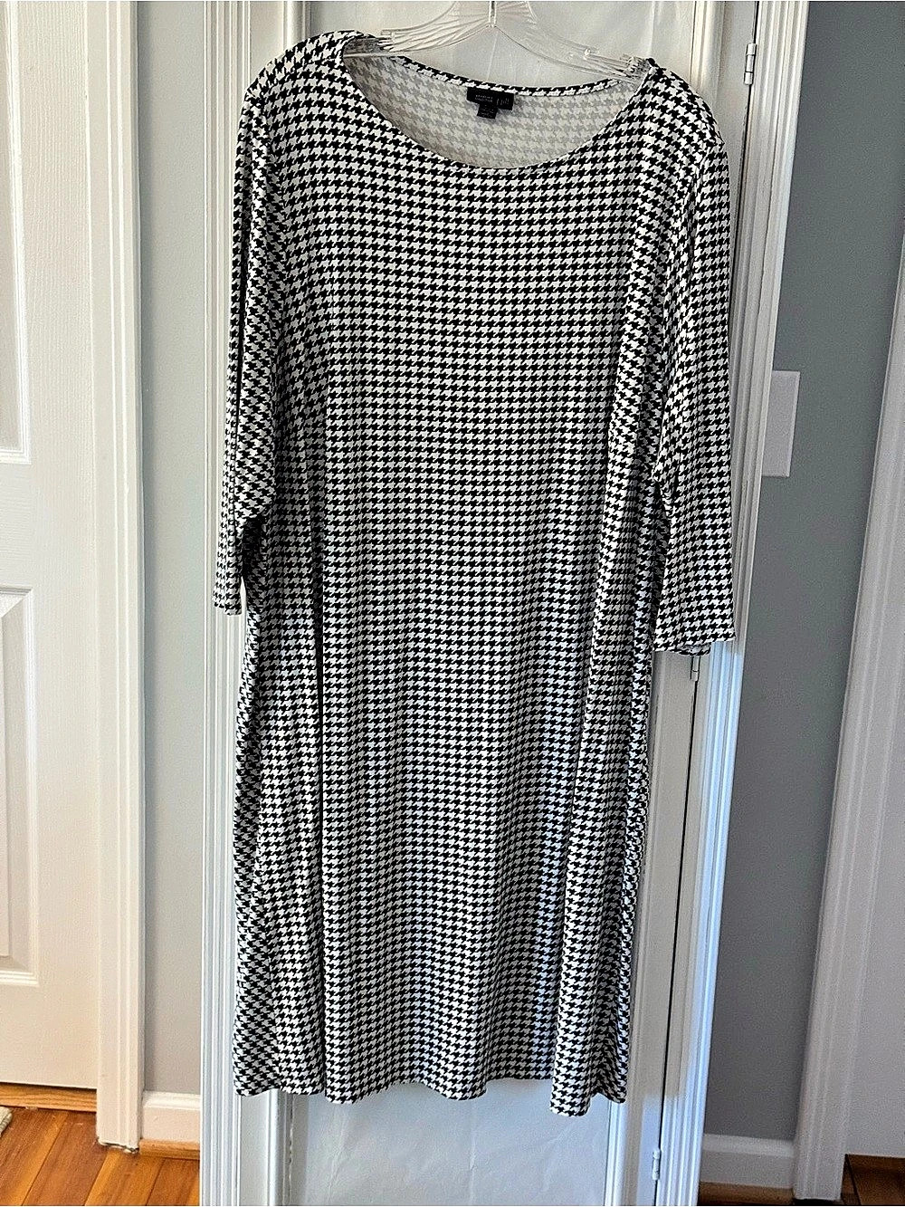 J Jill Wearever Black and White Houndstooth Three-Quarter Sleeves Midi Dress Siz